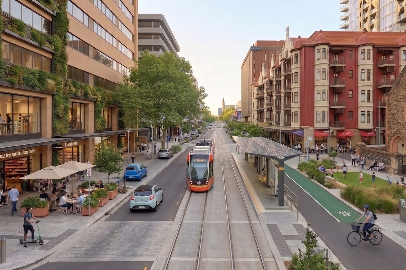 The same view reimagined for 2036: a tram back in the middle of the street, trees, bike lanes and wide footpaths, with the Ruthven Mansions on the right.